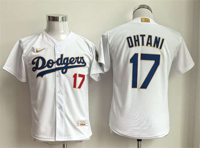 Youth Los Angeles Dodgers #17 Shohei Ohtani White Gold Collection Stadium Stitched Baseball Jersey