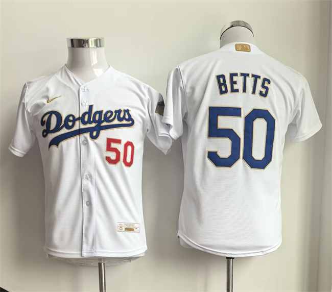 Youth Los Angeles Dodgers #50 Mookie Betts White Gold Collection Stadium Stitched Baseball Jersey