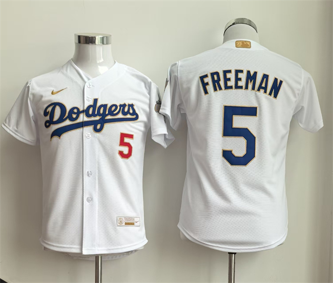 Youth Los Angeles Dodgers #5 Freddie Freeman White Gold Collection Stadium Stitched Baseball Jersey