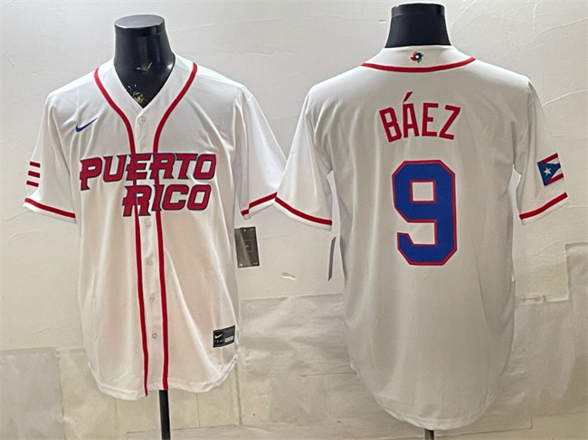 Men's Puerto Rico Baseball #9 Javier Baez White 2026 World Baseball Classic Home Stadium Stitched Jersey