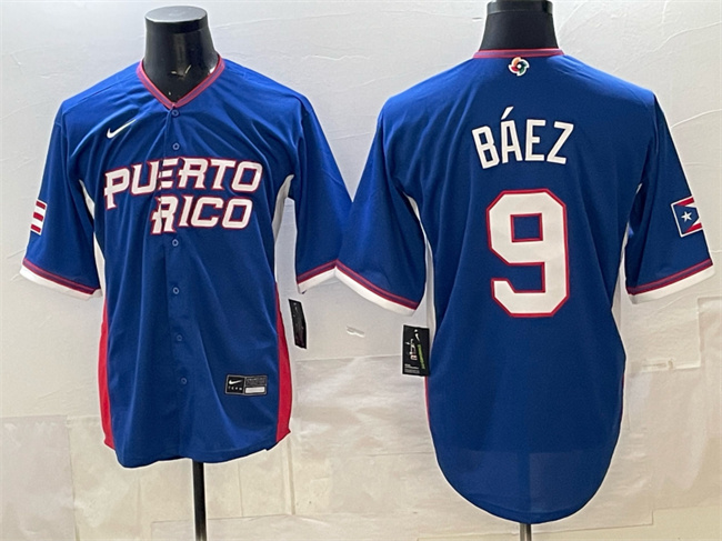 Men's Puerto Rico Baseball #9 Javier Baez Royal 2026 World Baseball Classic Road Stadium Stitched Jersey