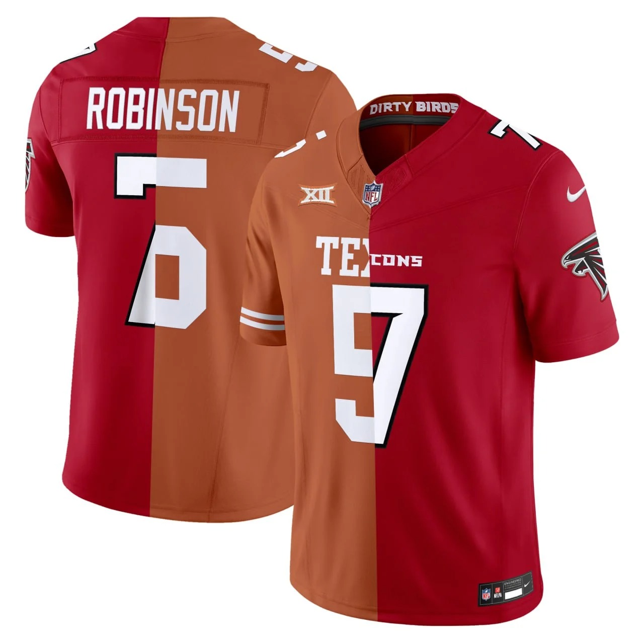 Men's Atlanta Falcons & Texas Longhorns #7 #5 Bijan Robinson Split Red Orange 2026 New F.U.S.E. Vapor Limited Stitched Football Jersey