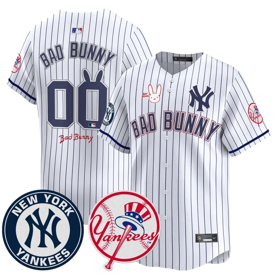 New York Yankees x Bad Bunny Custom White Pinstripe Stitched Jersey