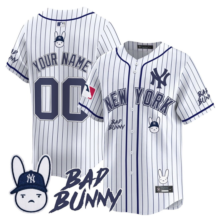 New York Yankees x Bad Bunny Custom White Pinstripe Stitched Jerseys