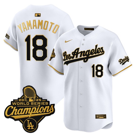 Men's Los Angeles Dodgers #18 Yoshinobu Yamamoto White Gold 2026 Vapor Premier Limited World Series Champions Edition Stitched Jersey