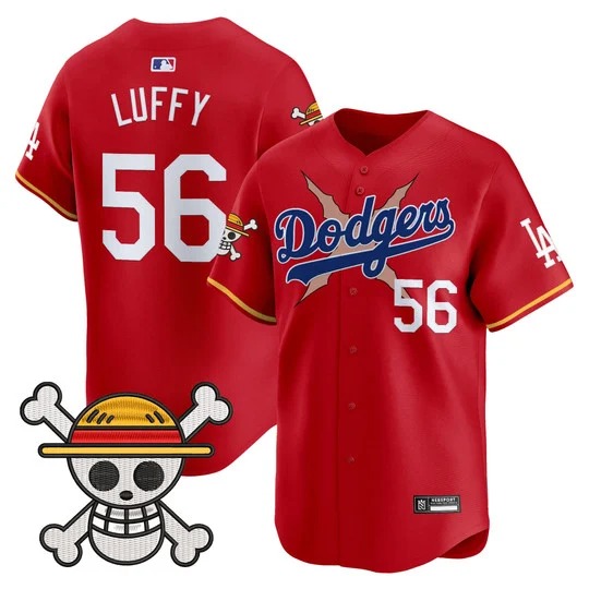 Men's Los Angeles Dodgers #56 Luffy Red x One Piece 2025 Vapor Premier Limited Stitched Baseball Jersey