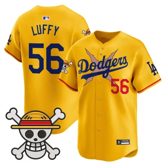 Men's Los Angeles Dodgers #56 Luffy Gold x One Piece 2025 Vapor Premier Limited Stitched Baseball Jersey