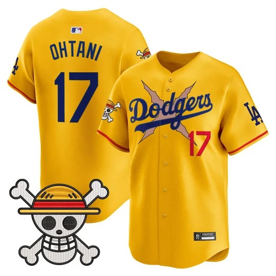 Men's Los Angeles Dodgers #17 Shohei Ohtani Gold x One Piece 2025 Vapor Premier Limited Stitched Baseball Jersey