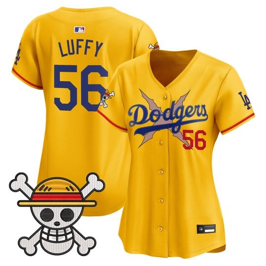 Women's Los Angeles Dodgers #56 Luffy Gold x One Piece 2025 Vapor Premier Limited Stitched Baseball Jersey