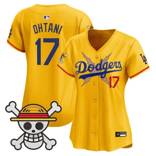 Women's Los Angeles Dodgers #17 Shohei Ohtani Gold x One Piece 2025 Vapor Premier Limited Stitched Baseball Jersey