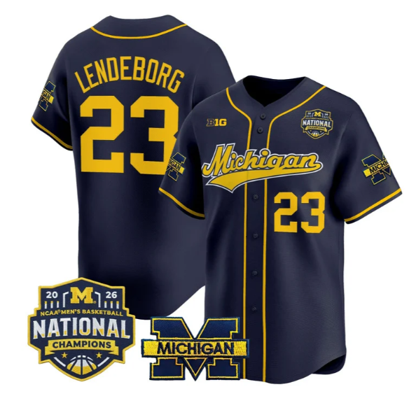 Men's Michigan Wolverines #23 Yaxel Lendeborg Navy 2026 National Champions Patch Limited Stitched Baseball Jersey
