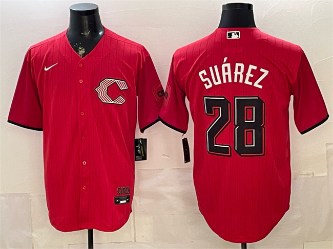 Men's Cincinnati Reds #28 Eugenio Suárez Red 2026 City Connect Stadium Stitched Baseball Jersey