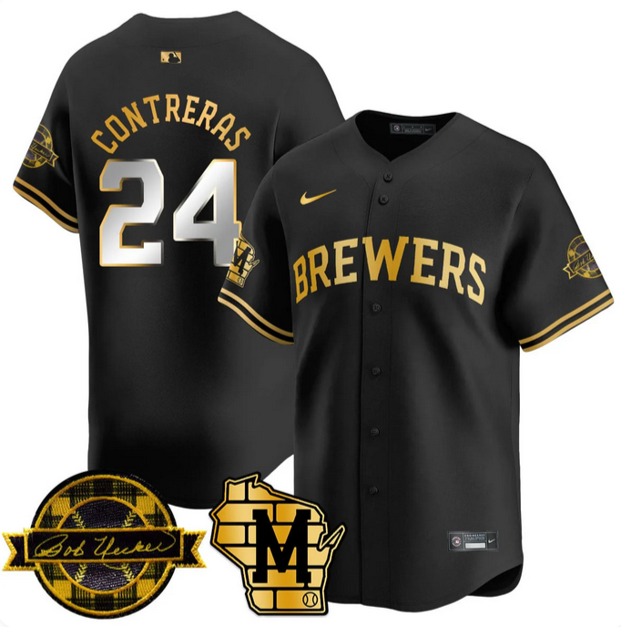 Men's Milwaukee Brewers #24 William Contreras Black Gold With Home & Bob Uecker Patch Limited Stitched Baseball Jersey