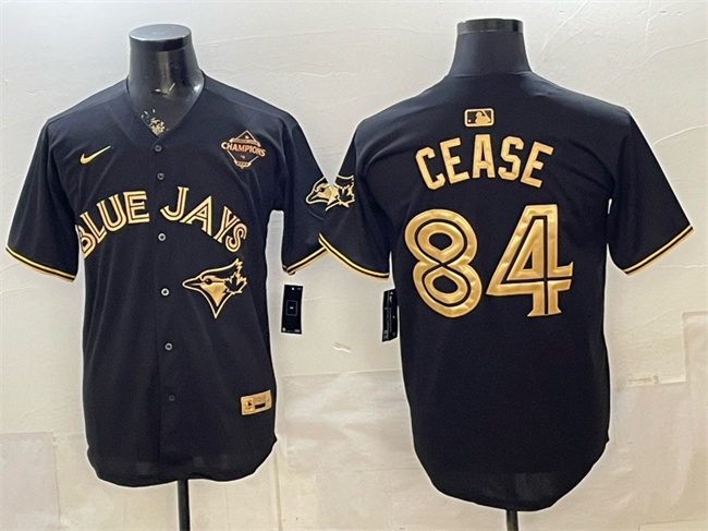 Men's Toronto Blue Jays #84 Dylan Cease Black Gold 2025 American League Champions Limited Stitched Baseball Jersey