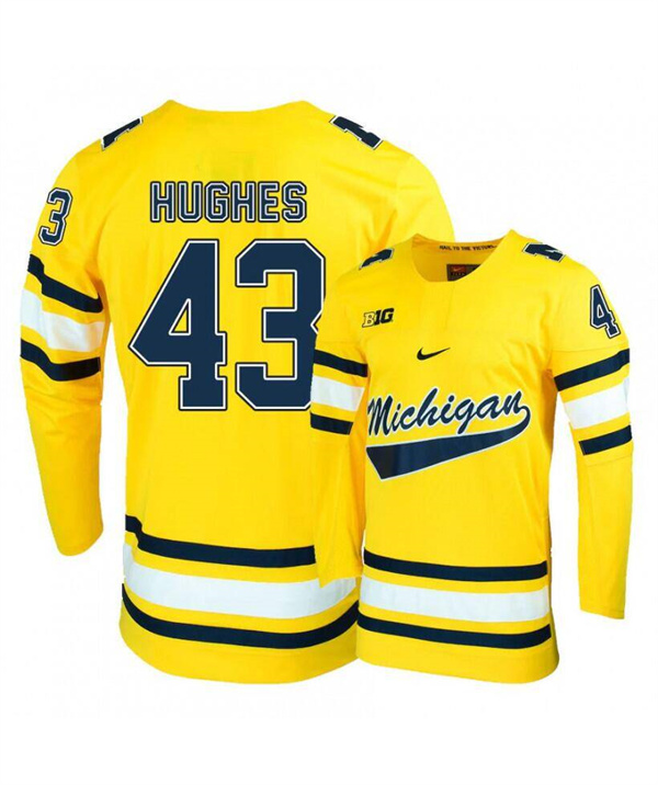 Men's Michigan Wolverines #43 Quinn Hughes Yellow Hockey Jersey