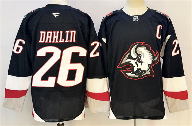 Men's Buffalo Sabres #26 Rasmus Dahlin Black 2024-25 Alternate With C Patch Stitched Hockey Jersey