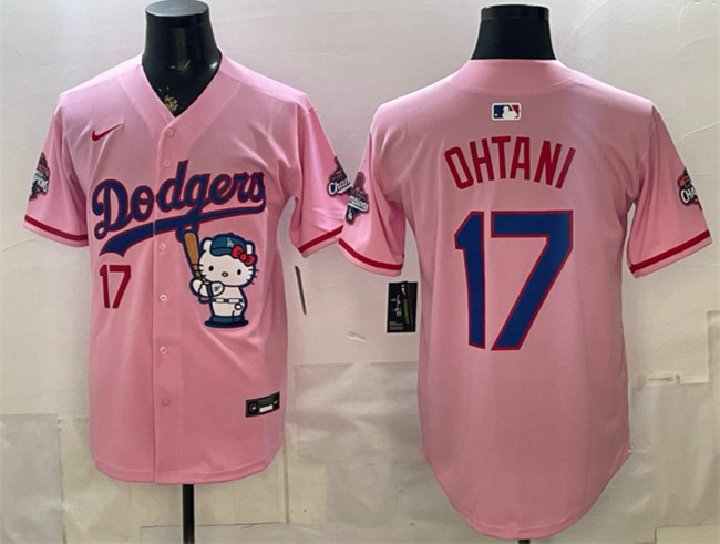 Men's Los Angeles Dodgers #17 Shohei Ohtani Pink Hello Kitty Night 2025 World Series Champions Patch Stitched Baseball Jersey