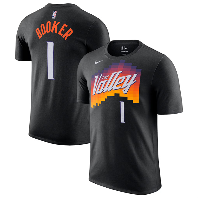 Men's Phoenix Suns 1 Devin Booker Black 2025-26 City Edition Name & Number T-Shirt