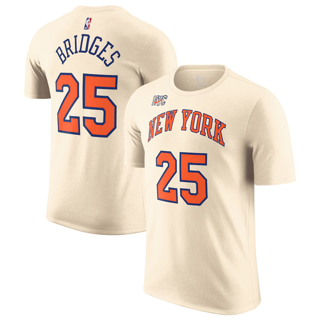Men's New York Knicks #25 Mikal Bridges Cream 2025-26 City Edition Name & Number T-Shirt