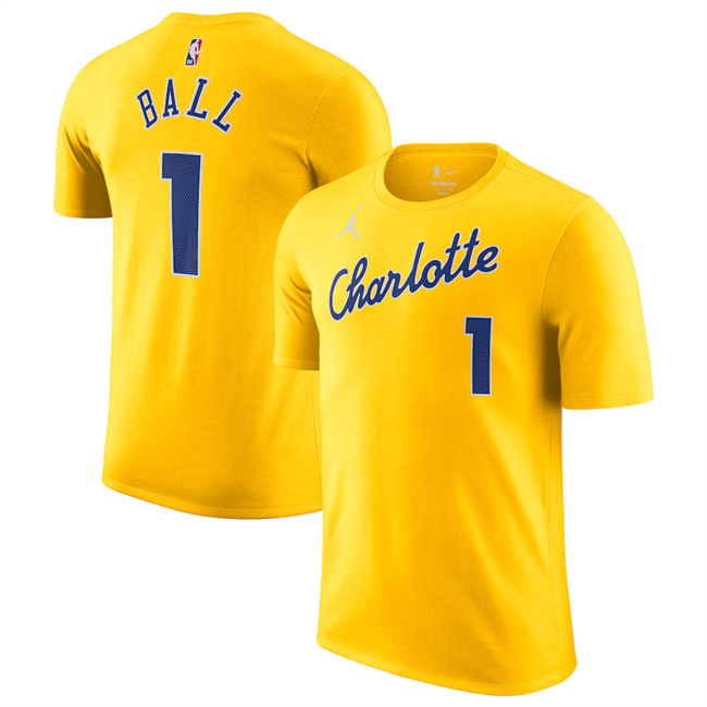 Men's Charlotte Hornets #1 LaMelo Ball Yellow 2025-26 City Edition Name & Number T-Shirt