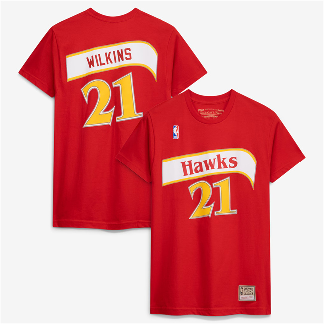 Men's Atlanta Hawks #21 Dominique Wilkins Red Hardwood Classics Team Name & Number T-Shirt