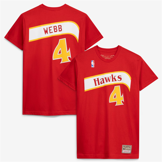 Men's Atlanta Hawks #4 Spud Webb Red Hardwood Classics Name & Number T-Shirt