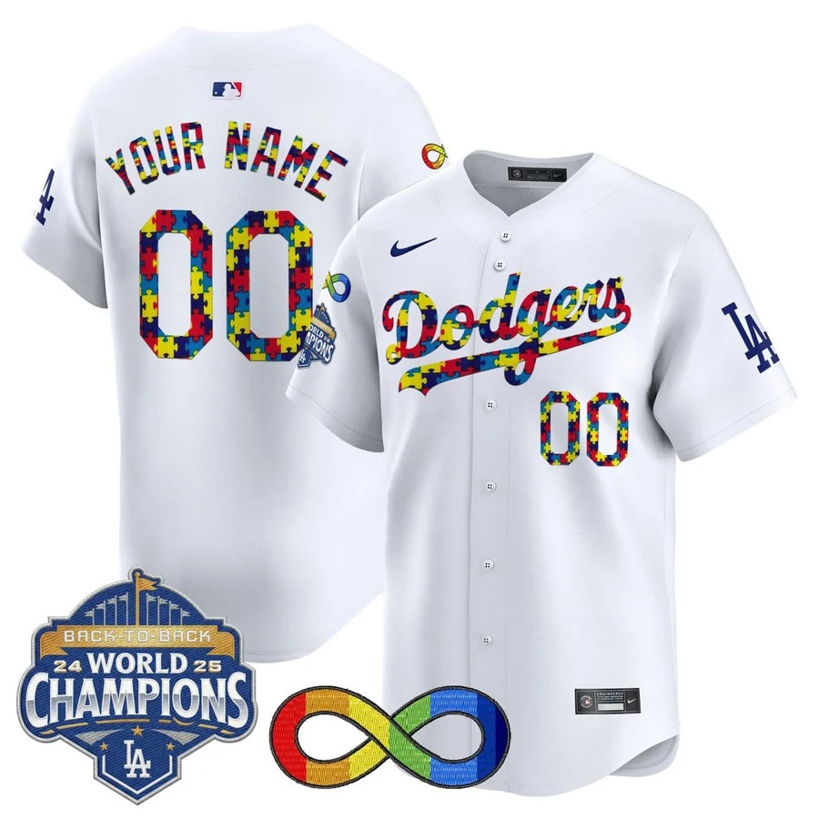 Los Angeles Dodgers Autism Custom White Jerseys - All Stitched