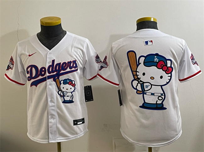Youth Los Angeles Dodgers Team Big Logo White Hello Kitty Night 2025 World Series Champions Patch Stitched Baseball Jersey