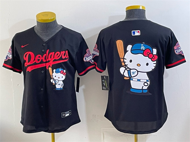 Youth Los Angeles Dodgers Team Big Logo Black Hello Kitty Night 2025 World Series Champions Patch Stitched Baseball Jersey