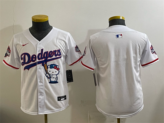Youth Los Angeles Dodgers Blank White Hello Kitty Night 2025 World Series Champions Patch Stitched Baseball Jersey