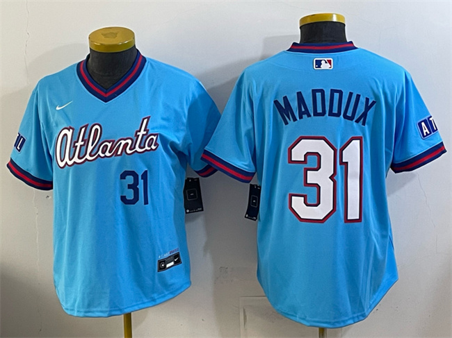 Youth Atlanta Braves #31 Greg Maddux Powder Blue 2026 City Connect Stadium Stitched Baseball Jersey