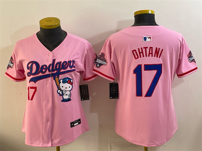 Women's Los Angeles Dodgers #17 Shohei Ohtani Pink Hello Kitty Night 2025 World Series Champions Patch Stitched Baseball Jersey(Run Small)