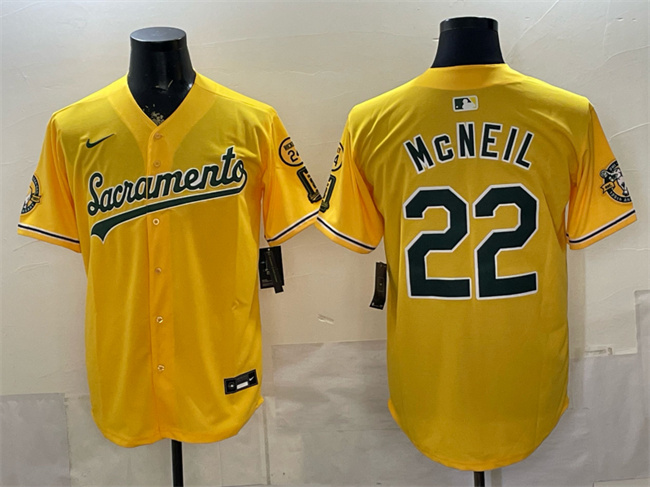 Men's Oakland Athletics #22 Jeff McNeil 2026 Yellow Alternate Sacramento Celebrating 125 Years Vapor Limited Stitched Baseball Jersey