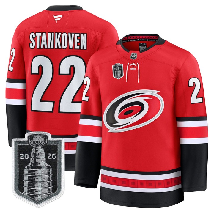 Men's Carolina Hurricanes #22 Logan Stankoven Red 2026 Stanley Cup Final Home Premium Hockey Stitched Jersey