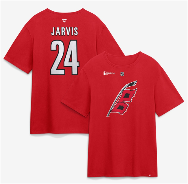 Men's Carolina Hurricanes #24 Seth Jarvis Red 2026 Stanley Cup Champions Name & Number T-Shirt
