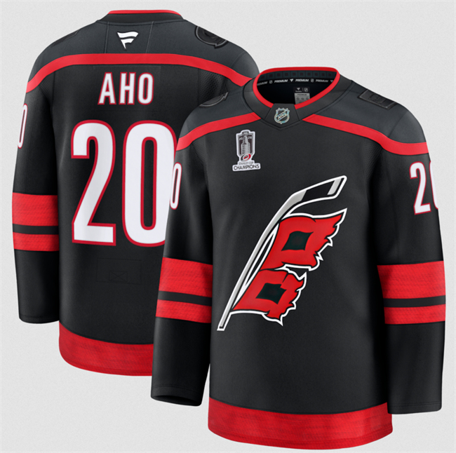 Men's Carolina Hurricanes #20 Sebastian Aho Black 2026 Stanley Cup Champions Home Stitched Hockey Jersey