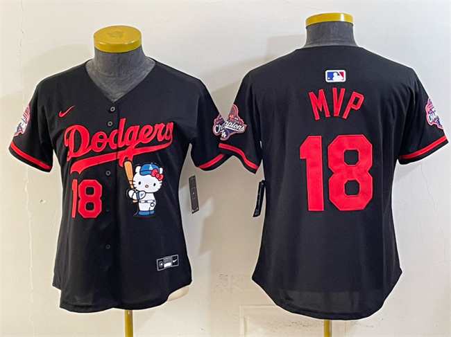 Women's Los Angeles Dodgers #18 MVP  Black Hello Kitty Night 2025 World Series Champions Patch Stitched Baseball Jersey(Run Small)