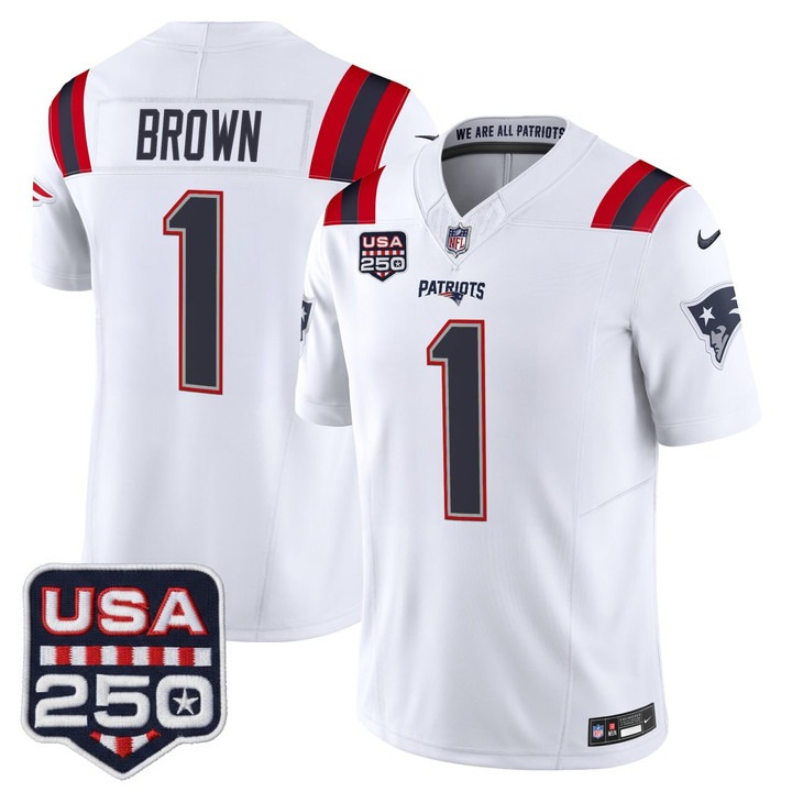 Men's New England Patriots #1 A.J. Brown White 2026 F.U.S.E. USA 250 Patch Vapor Limited Stitched Football Jersey