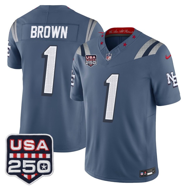 Men's New England Patriots #1 A.J. Brown Grey 2026 F.U.S.E. USA 250 Patch Vapor Limited Stitched Football Jersey