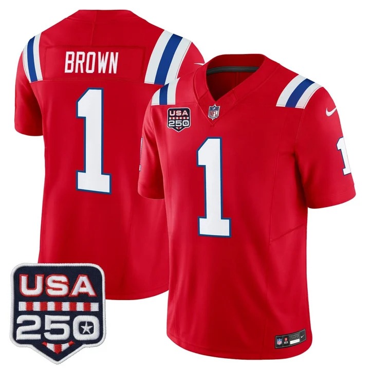 Men's New England Patriots #1 A.J. Brown Red 2026 F.U.S.E. USA 250 Patch Vapor Limited Stitched Football Jersey