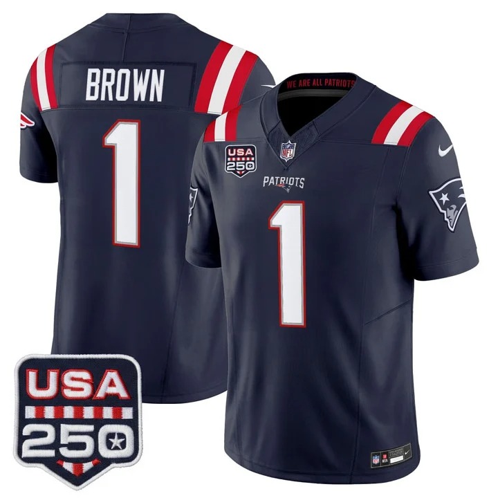 Men's New England Patriots #1 A.J. Brown Navy 2026 F.U.S.E. USA 250 Patch Vapor Limited Stitched Football Jersey