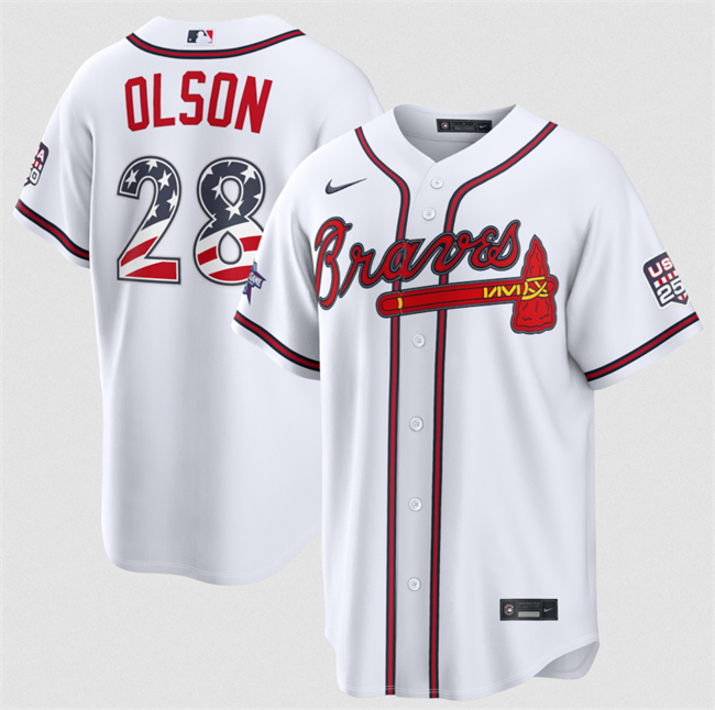 Men's Atlanta Braves #28 Matt Olson White 2026 All-Star Edition Stars & Stripes Stadium USA 250 Patch Stitched Baseball Jersey