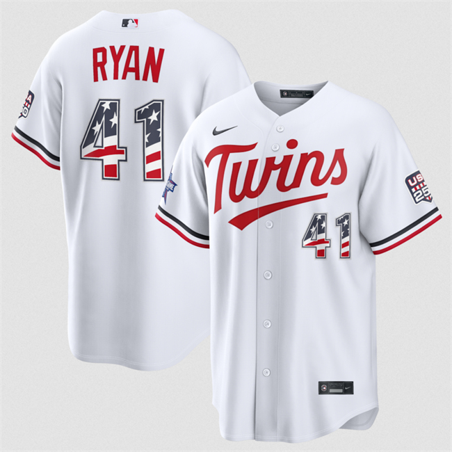 Men's Minnesota Twins #41 Joe Ryan White 2026 All-Star Edition Stars & Stripes Stadium USA 250 Patch Stitched Baseball Jersey