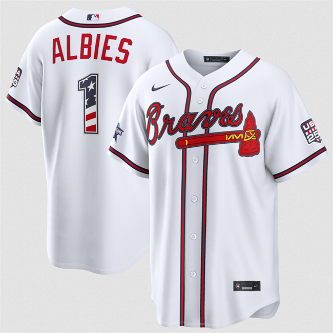 Men's Atlanta Braves #1 Ozzie Albies White 2026 All-Star Edition Stars & Stripes Stadium USA 250 Patch Stitched Baseball Jersey