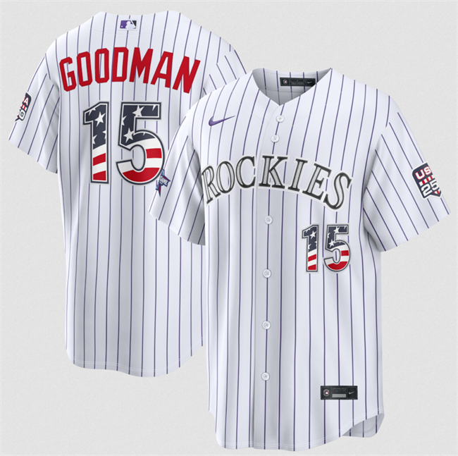 Men's Colorado Rockies #15 Hunter Goodman White 2026 All-Star Edition Stars & Stripes Stadium USA 250 Patch Stitched Baseball Jersey
