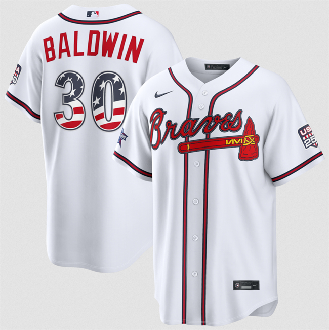 Men's Atlanta Braves #30 Drake Baldwin White 2026 All-Star Edition Stars & Stripes Stadium USA 250 Patch Stitched Baseball Jersey