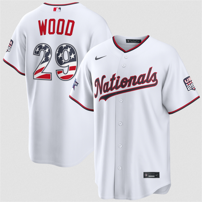 Men's Washington Nationals #29 James Wood White 2026 All-Star Edition Stars & Stripes Stadium USA 250 Patch Stitched Baseball Jersey