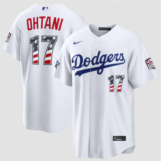 Men's Los Angeles Dodgers #17 Shohei Ohtani White 2026 All-Star Edition Stars & Stripes Stadium USA 250 Patch Stitched Baseball Jersey