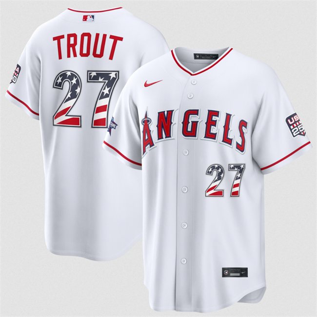 Men's Los Angeles Angels #27 Mike Trout White 2026 All-Star Edition Stars & Stripes Stadium USA 250 Patch Stitched Baseball Jersey