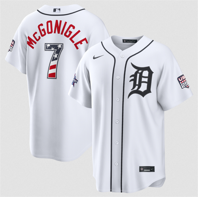 Men's Detroit Tigers #7 Kevin McGonigle White 2026 All-Star Edition Stars & Stripes Stadium USA 250 Patch Stitched Baseball Jersey